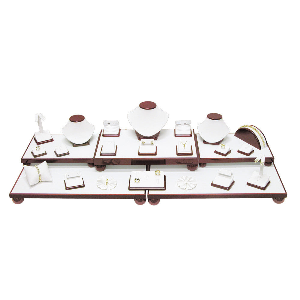 26-Piece White Leather w / Rosewood Trim Showcase collection set - Jewel Box Co