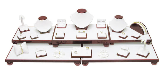 26-Piece White Leather w / Rosewood Trim Showcase collection set - Jewel Box Co