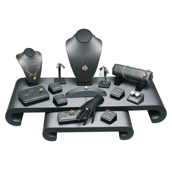 17- Piece Showcase Collection Set Steel Grey Leather w/ Black Leather - Jewel Box Co