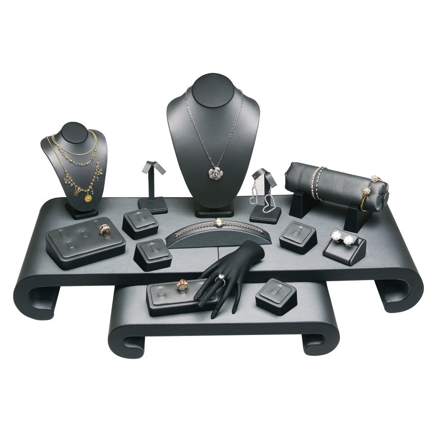 17- Piece Showcase Collection Set Steel Grey Leather w/ Black Leather - Jewel Box Co