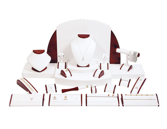 23-Piece White Leather w/ Rosewood Trim Showcase collection set - Jewel Box Co