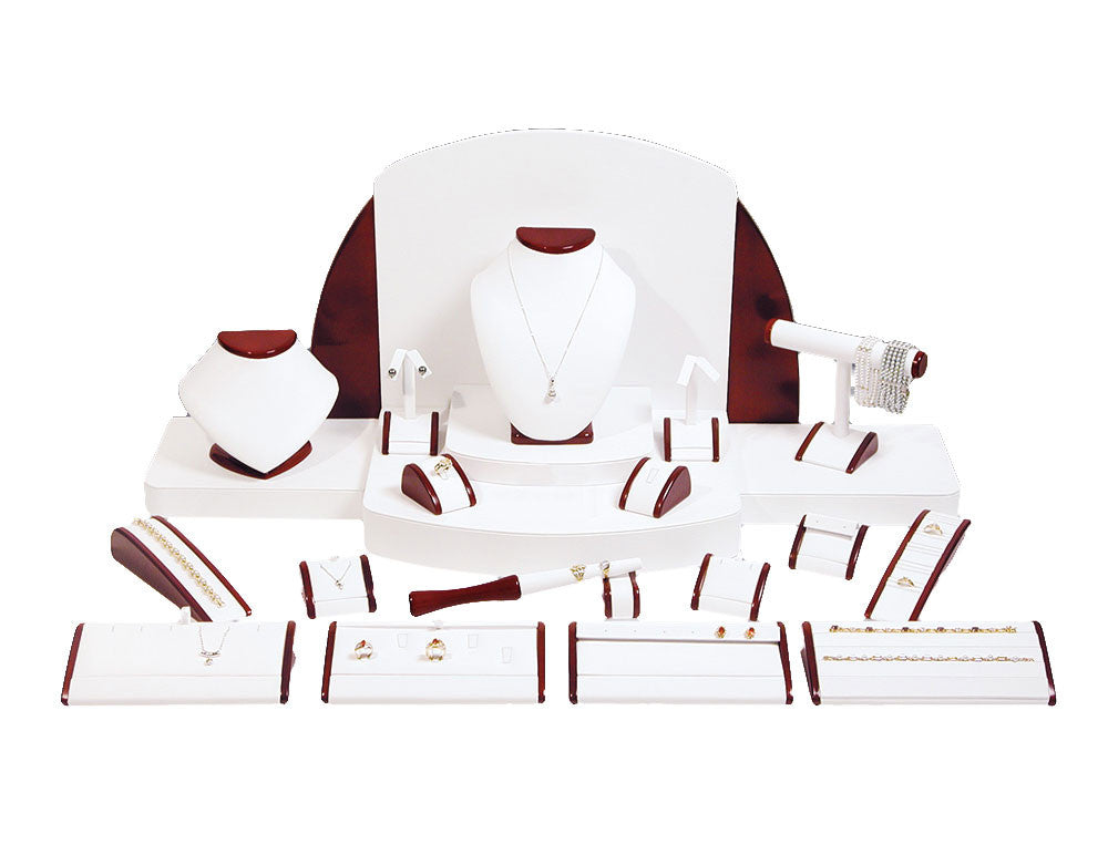23-Piece White Leather w/ Rosewood Trim Showcase collection set - Jewel Box Co