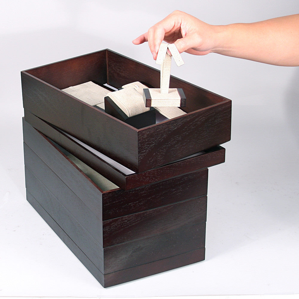 35 Piece Linen Showcase Display Set With Dark Walnut Wood Trim - Jewel Box Co