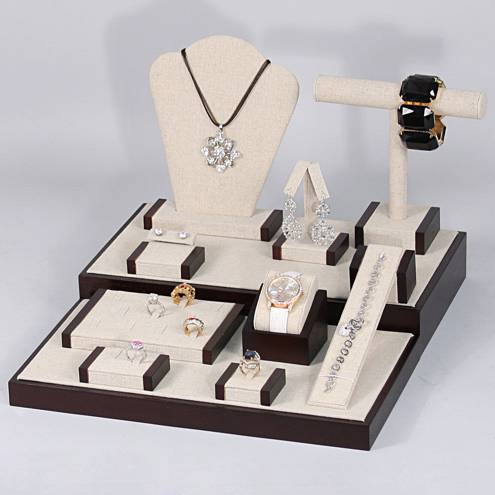 35 Piece Linen Showcase Display Set With Dark Walnut Wood Trim - Jewel Box Co