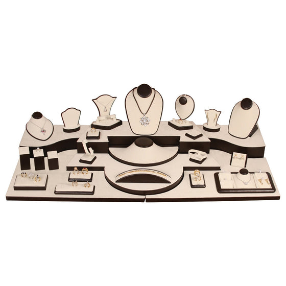 28 Piece Showcase collection set Beige Suede w/ Dark Brown Leather Trim - Jewel Box Co