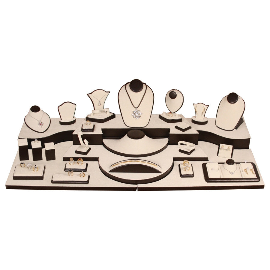 28 Piece Showcase collection set Beige Suede w/ Dark Brown Leather Trim - Jewel Box Co