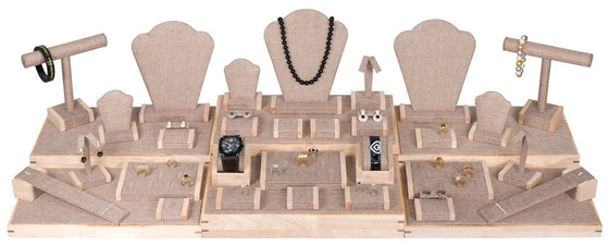 35 Piece Burlap Showcase Display Set With Natural Wood Trim - Jewel Box Co