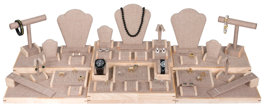 35 Piece Burlap Showcase Display Set With Natural Wood Trim - Jewel Box Co