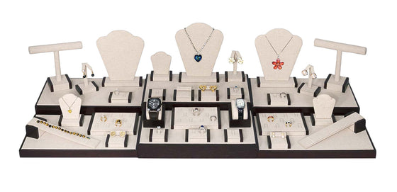 35 Piece Linen Showcase Display Set With Dark Walnut Wood Trim - Jewel Box Co