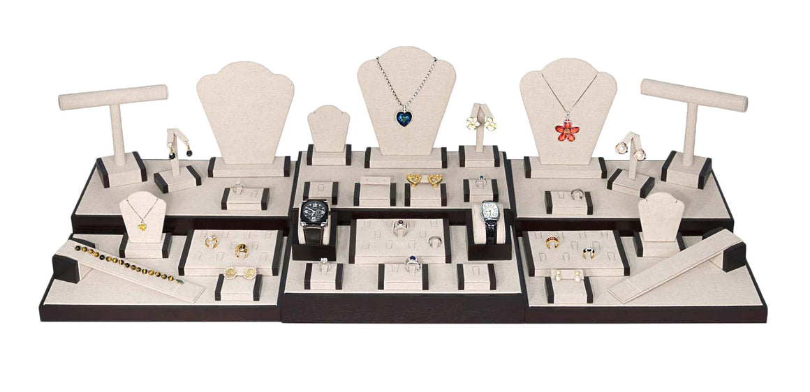 35 Piece Linen Showcase Display Set With Dark Walnut Wood Trim - Jewel Box Co