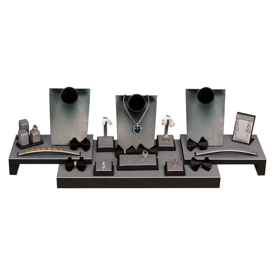19-Piece Steel Grey Display Set with Black Leather Trim - Jewel Box Co